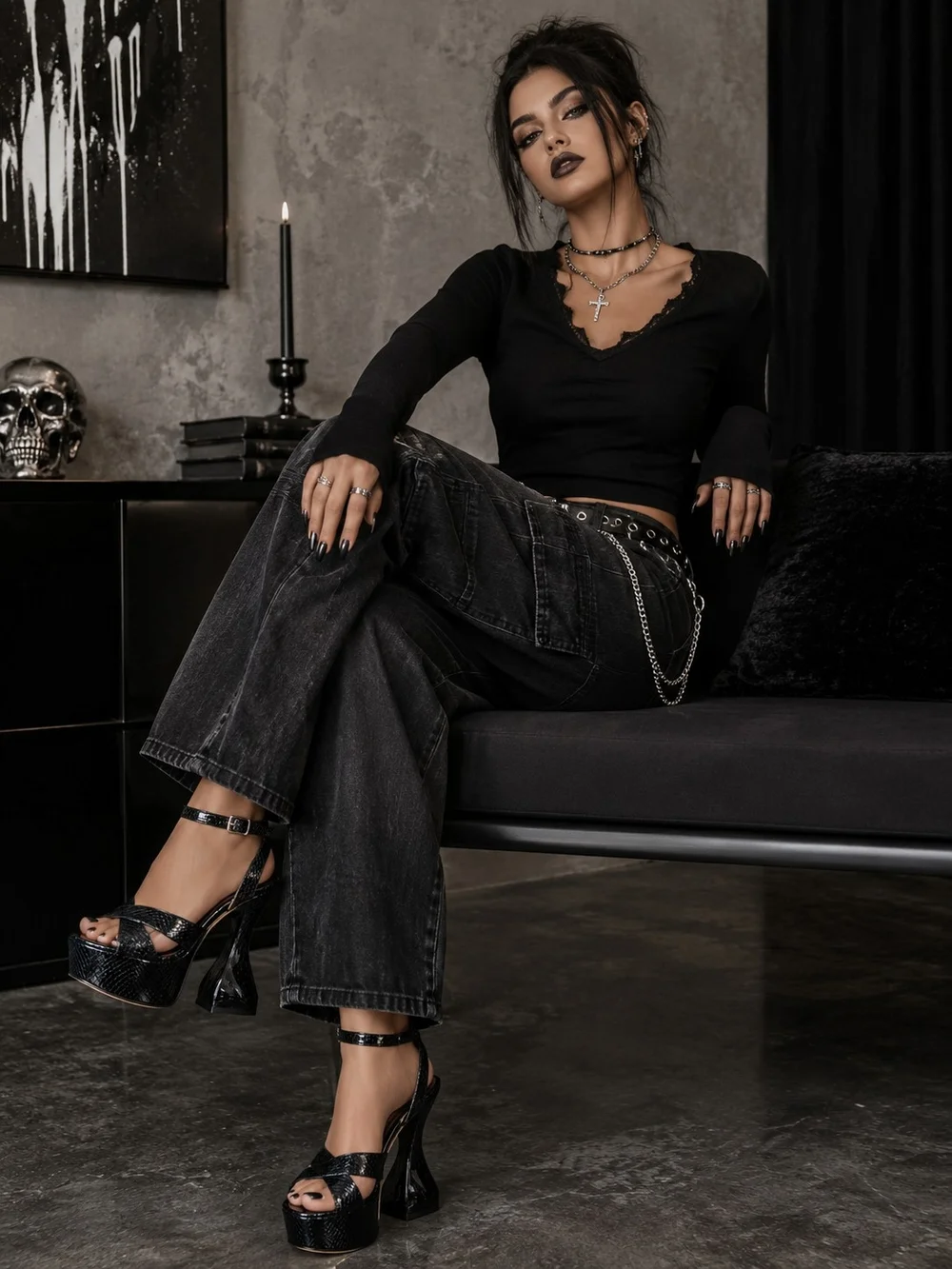 Black Textured Platform Sandals with Sculpted Heel
